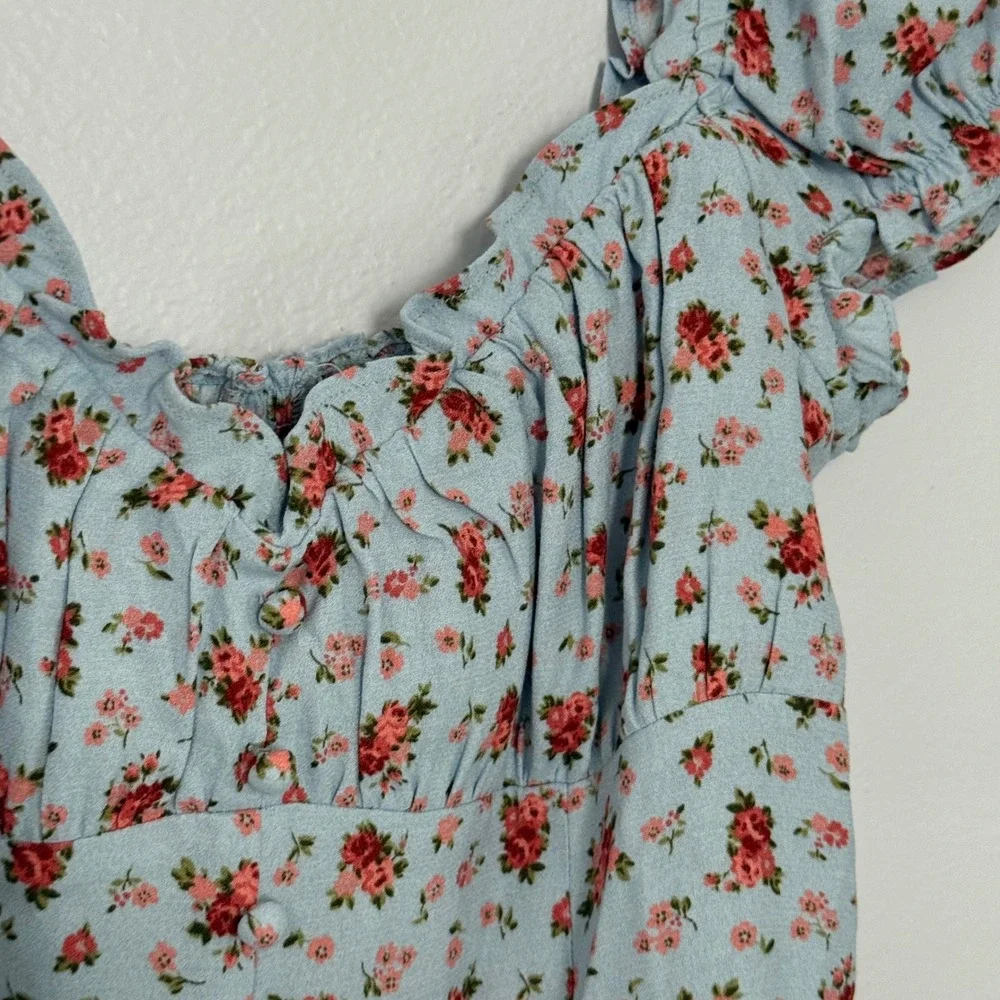Reformation Bev Top in Petunia  Blue Floral Puff Sleeve Smocked Sweetheart - 8